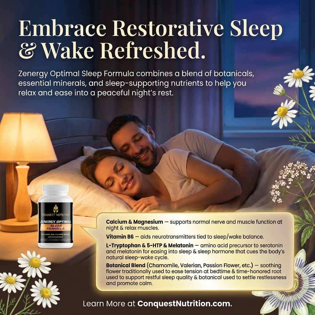 Advertisement for Zenergy Optimal Sleep Formula with a couple in bed and product packaging.