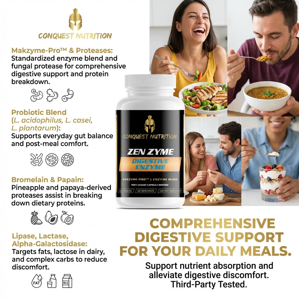 Advertisement for Conquest Nutrition Zen Zyme Digestive Enzyme supplement with people enjoying meals.