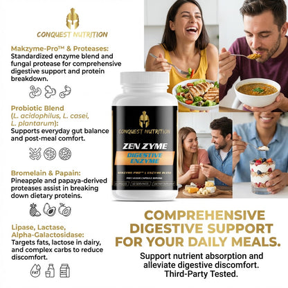 Advertisement for Conquest Nutrition Zen Zyme Digestive Enzyme supplement with people enjoying meals.