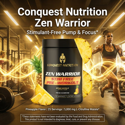 Conquest Nutrition Zen Warrior pre-workout supplement with a gym background