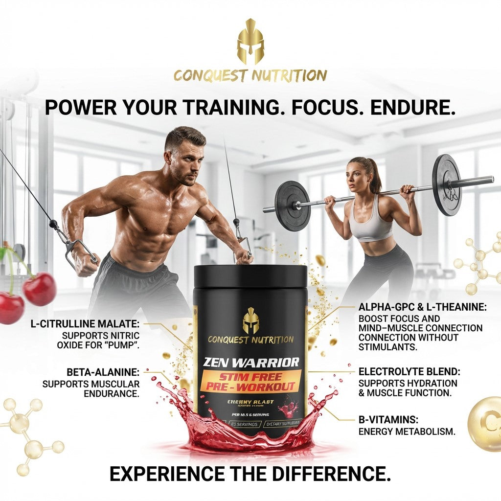 Advertisement for Conquest Nutrition Zen Warrior pre-workout supplement with two people lifting weights in a gym.