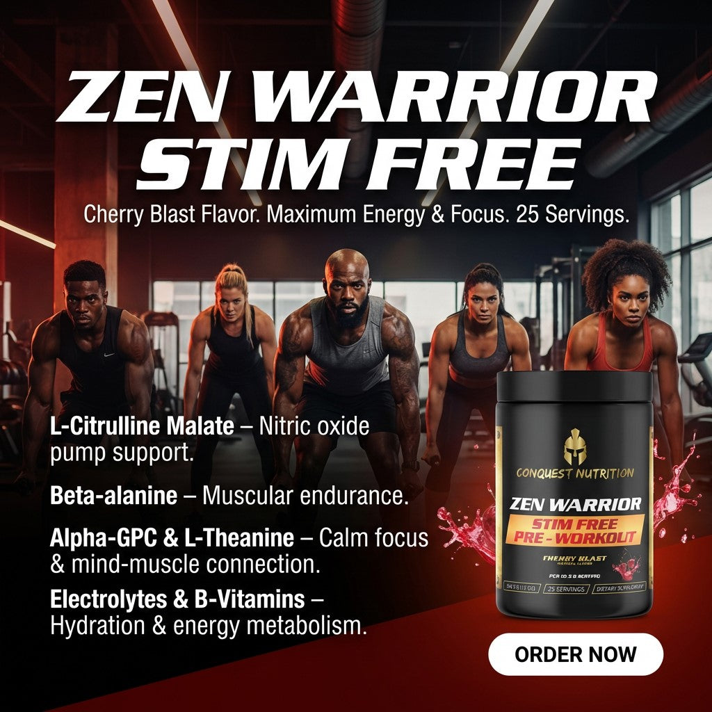 Advertisement for Conquest Nutrition Zen Warrior Stim Free pre-workout supplement with people in a gym setting.