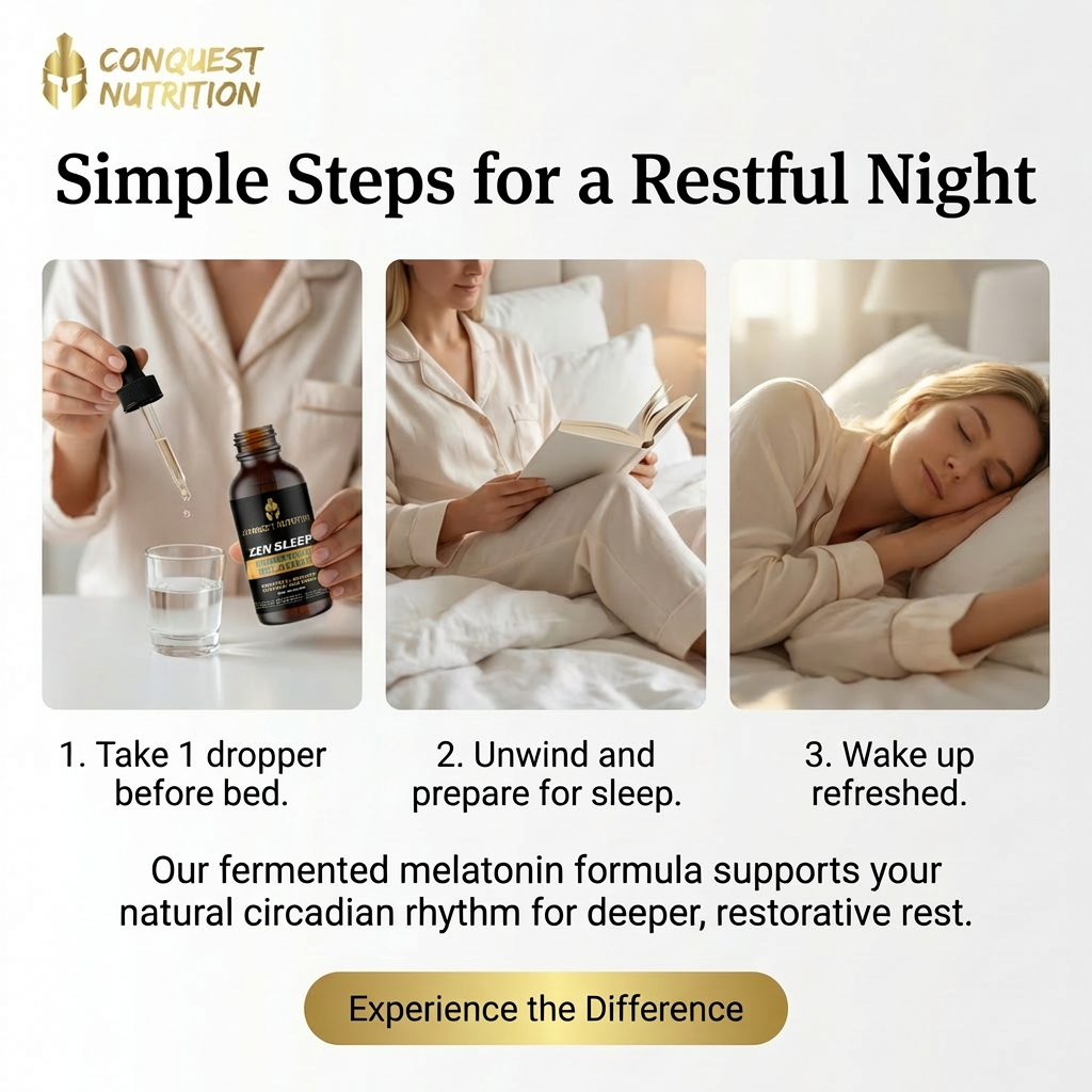Advertisement for Conquest Nutrition's fermented melatonin formula with steps for a restful night.