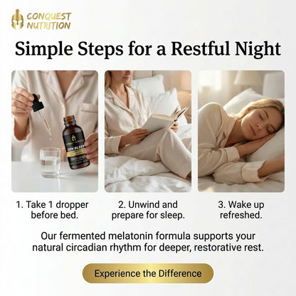 Advertisement for Conquest Nutrition's fermented melatonin formula with steps for a restful night.