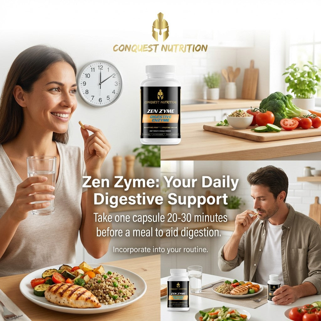 Advertisement for Conquest Nutrition Zen Zyme digestive support supplement with a couple enjoying a meal.