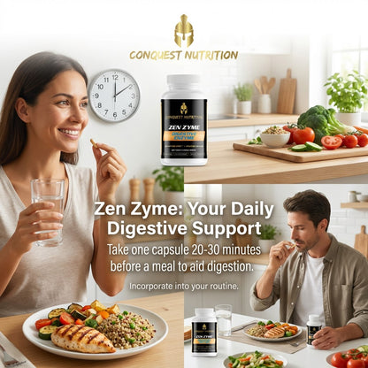 Advertisement for Conquest Nutrition Zen Zyme digestive support supplement with a couple enjoying a meal.