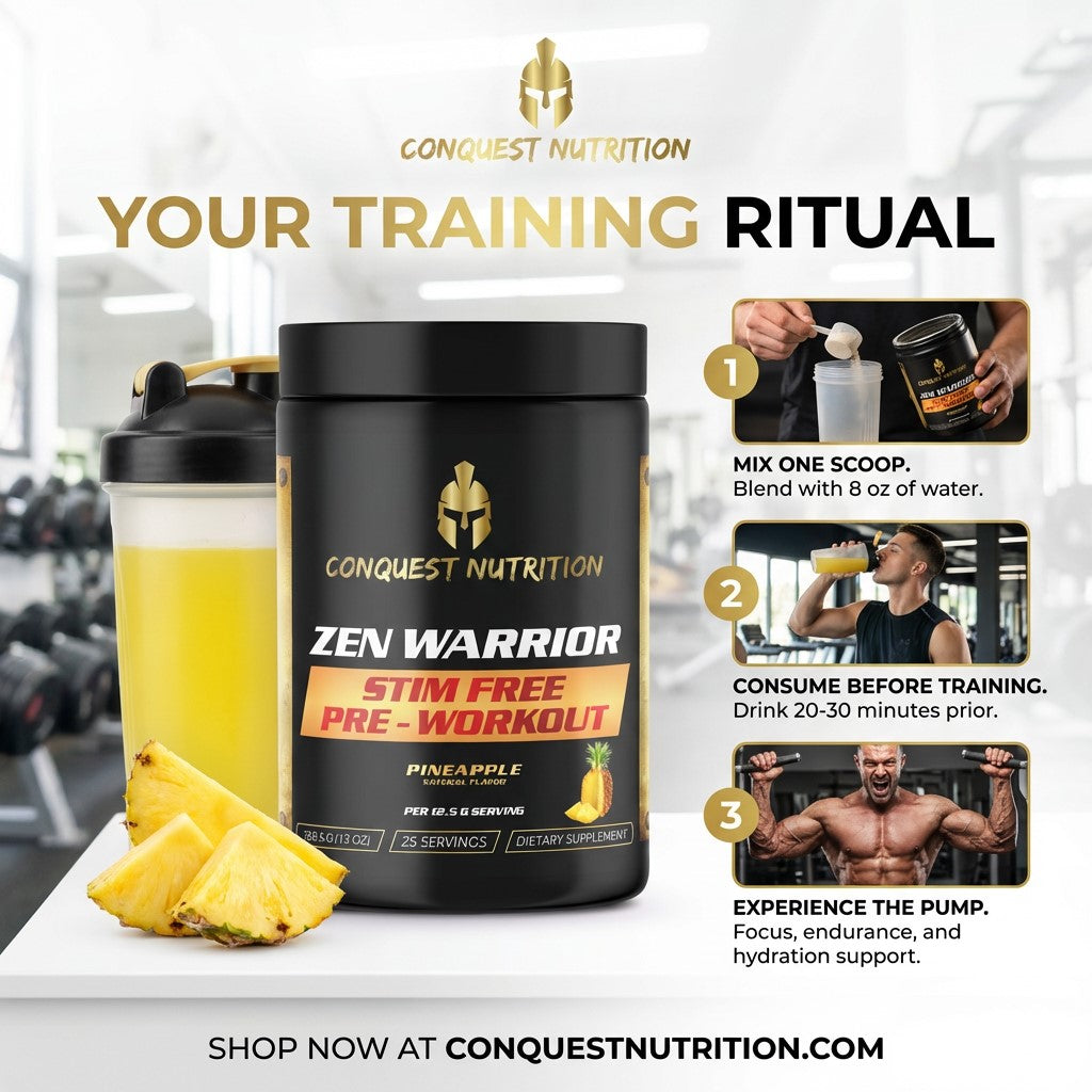 Conquest Nutrition pre-workout supplement with a shaker and pineapple on a white surface.