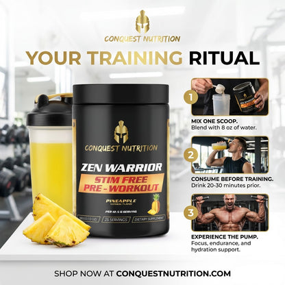 Conquest Nutrition pre-workout supplement with a shaker and pineapple on a white surface.