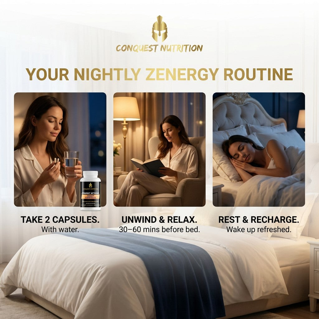 Advertisement for Conquest Nutrition's nightly zenergy routine with a woman taking a supplement, reading, and sleeping.