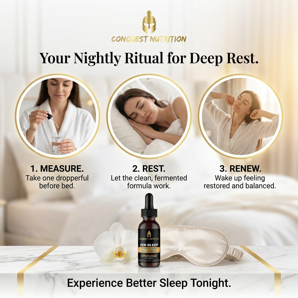 Promotional image for Conquest Nutrition sleep supplement with steps for nightly ritual and product display.
