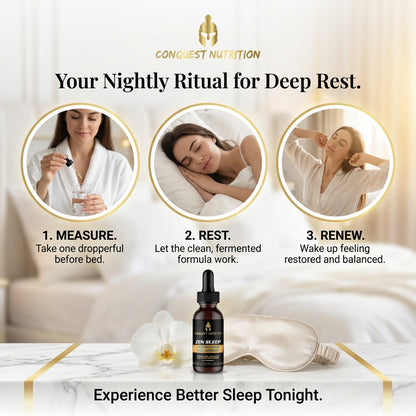 Promotional image for Conquest Nutrition sleep supplement with steps for nightly ritual and product display.