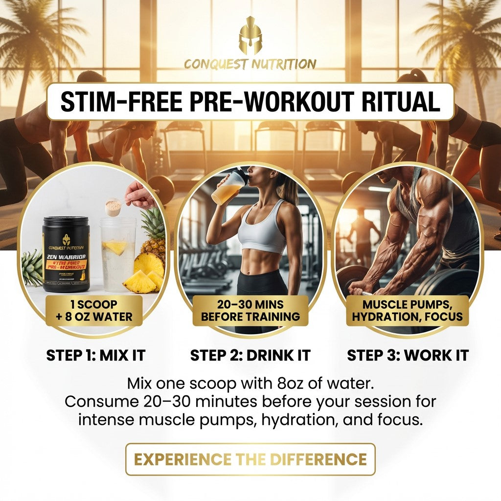 Advertisement for Conquest Nutrition pre-workout supplement with steps and benefits.