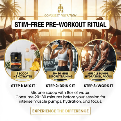Advertisement for Conquest Nutrition pre-workout supplement with steps and benefits.
