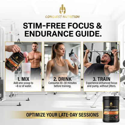 Advertisement for Conquest Nutrition's stim-free focus and endurance guide with people exercising in a gym setting.