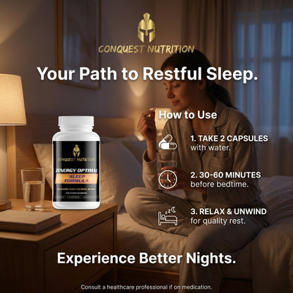 Advertisement for Conquest Nutrition sleep formula with a woman in bed and product packaging.