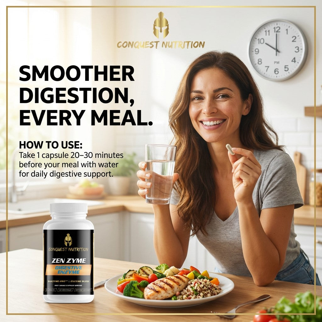Woman in a kitchen with a plate of food, glass of water, and Conquest Nutrition supplement bottle.