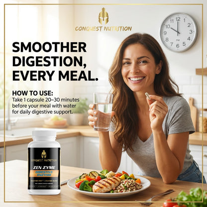 Woman in a kitchen with a plate of food, glass of water, and Conquest Nutrition supplement bottle.
