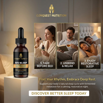 Conquest Nutrition Zen Sleep supplement bottle with usage instructions and lifestyle images.