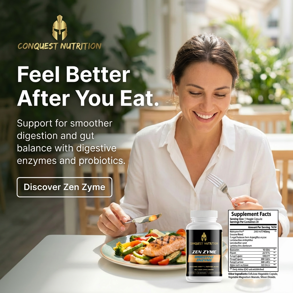 Woman eating a meal with Conquest Nutrition Zen Zyme supplement in the foreground