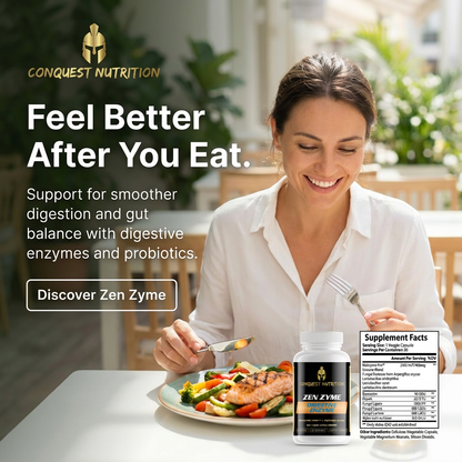 Woman eating a meal with Conquest Nutrition Zen Zyme supplement in the foreground