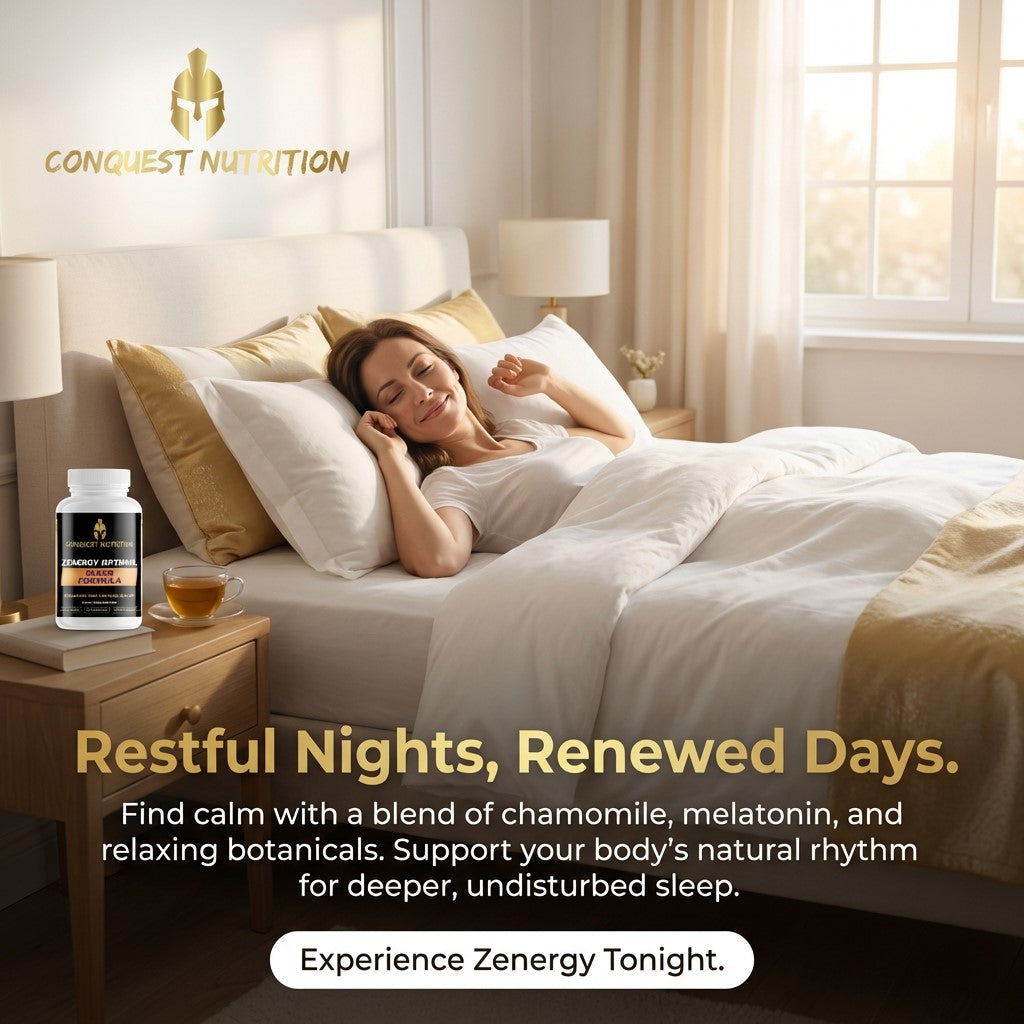 Woman lying in bed with a bottle of Conquest Nutrition product, promoting restful nights and renewed days.
