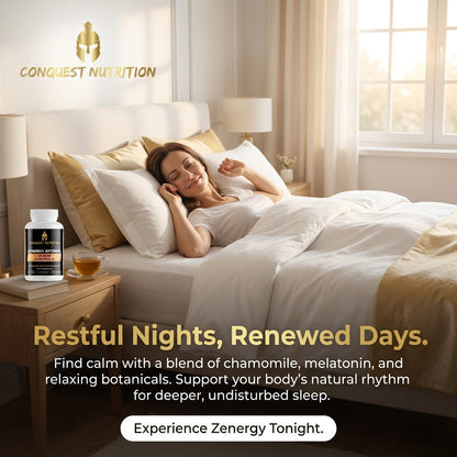 Woman lying in bed with a bottle of Conquest Nutrition product, promoting restful nights and renewed days.