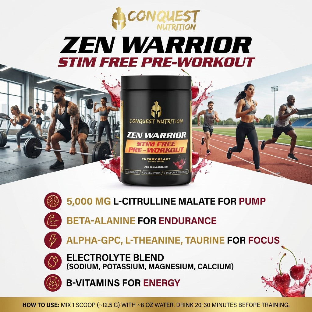 Conquest Nutrition Zen Warrior pre-workout supplement with athletes in a gym and on a track in the background.