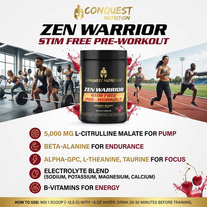 Conquest Nutrition Zen Warrior pre-workout supplement with athletes in a gym and on a track in the background.
