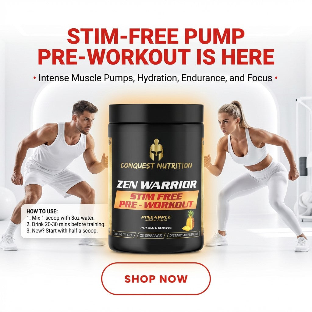 Conquest Nutrition Zen Warrior Stim Free Pre-Workout container with two athletes and promotional text on a white background.
