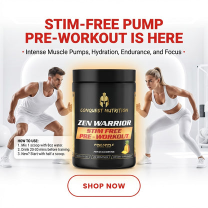 Conquest Nutrition Zen Warrior Stim Free Pre-Workout container with two athletes and promotional text on a white background.