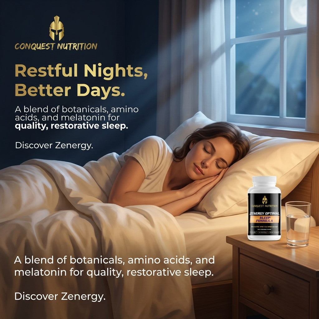 Woman sleeping in bed with Conquest Nutrition Zenergy supplement on nightstand
