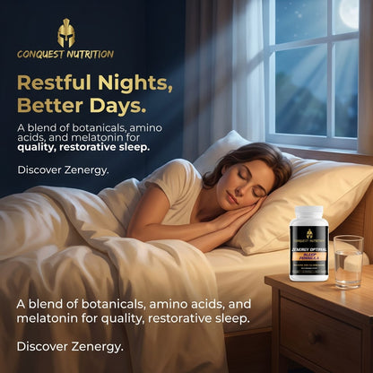 Woman sleeping in bed with Conquest Nutrition Zenergy supplement on nightstand