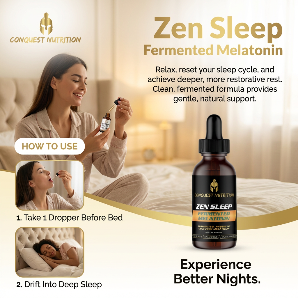 Advertisement for Conquest Nutrition Zen Sleep Fermented Melatonin with a woman using the product.