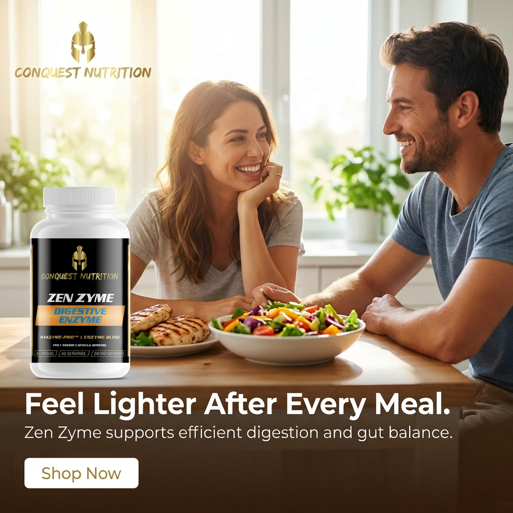 Couple enjoying a meal with Conquest Nutrition Zen Zyme supplement in the foreground.