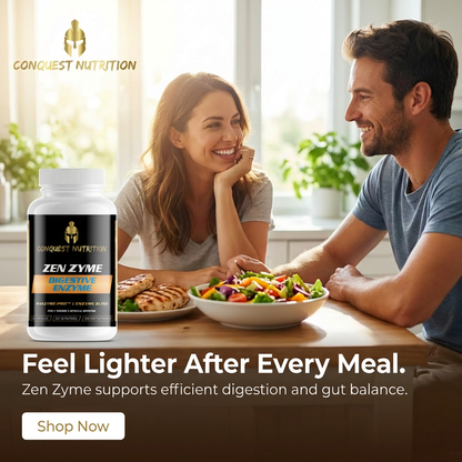 Couple enjoying a meal with Conquest Nutrition Zen Zyme supplement in the foreground.