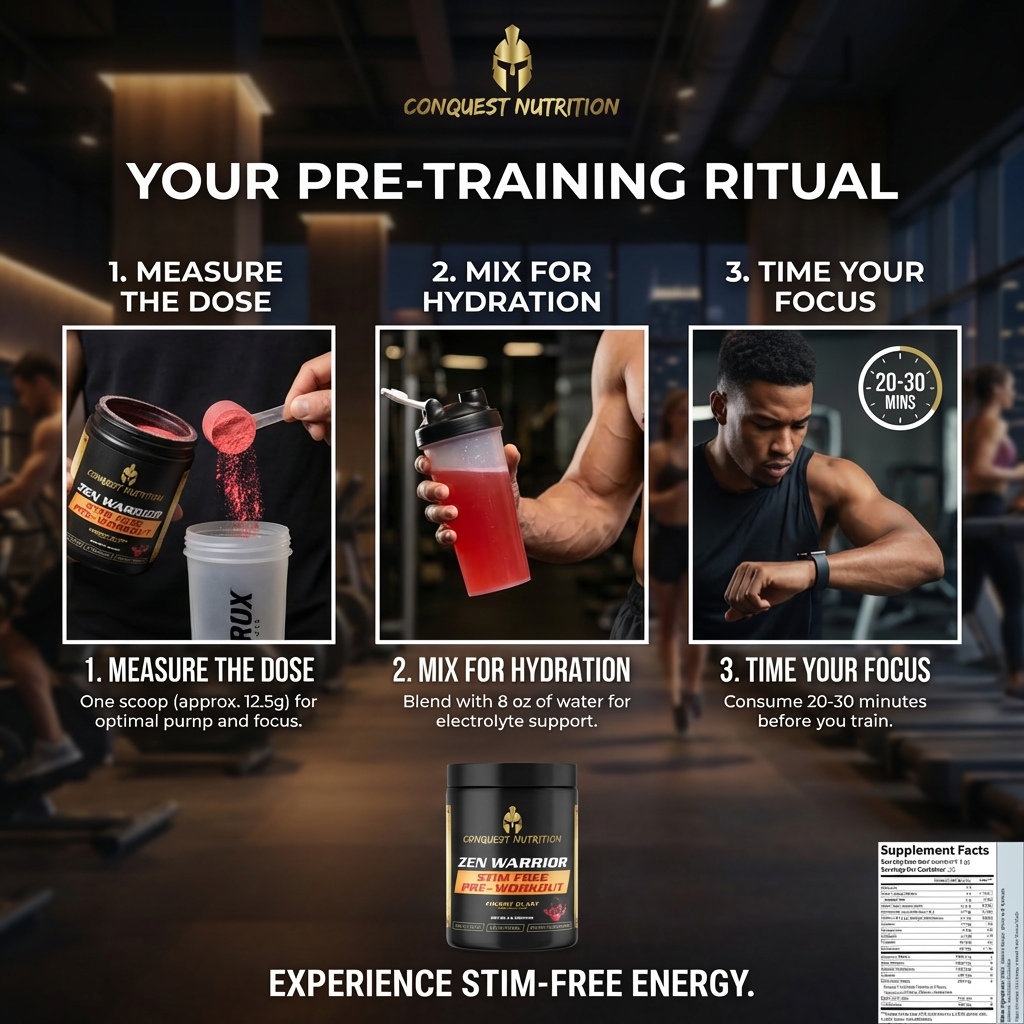 Advertisement for Conquest Nutrition pre-training supplement with steps on usage in a gym setting.