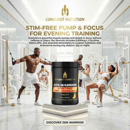 Advertisement for Conquest Nutrition Zen Warrior pre-workout supplement in a gym setting.