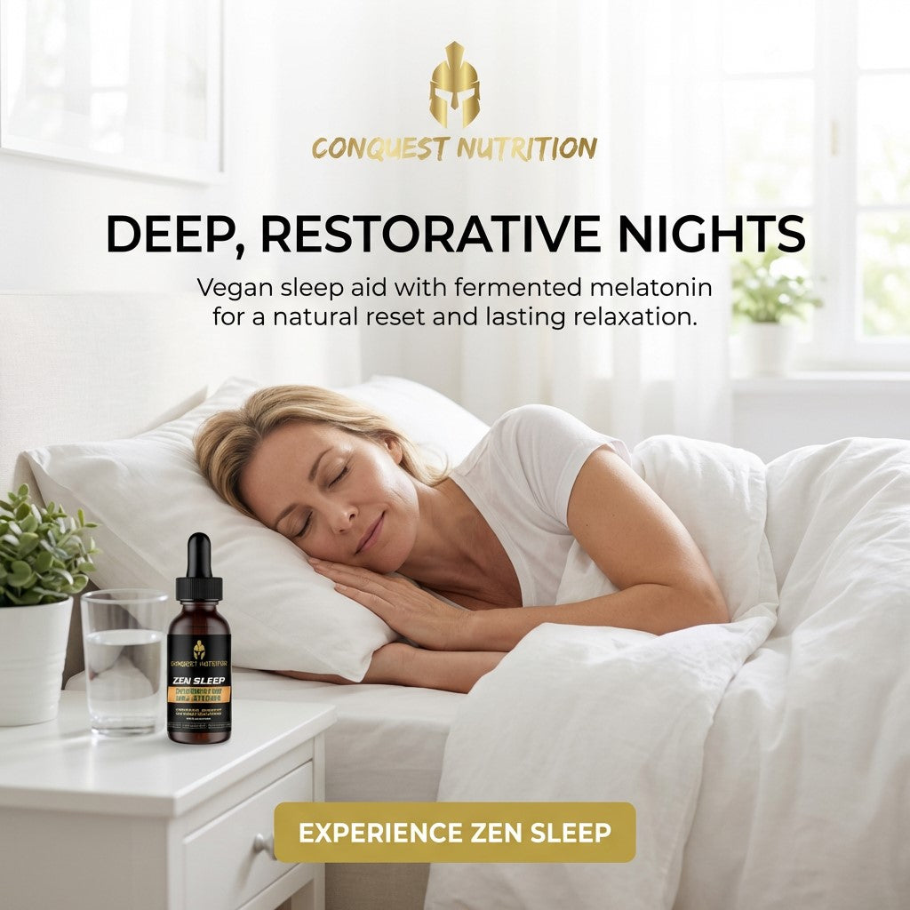 Woman sleeping in bed with a bottle of Conquest Nutrition sleep aid on a nightstand.