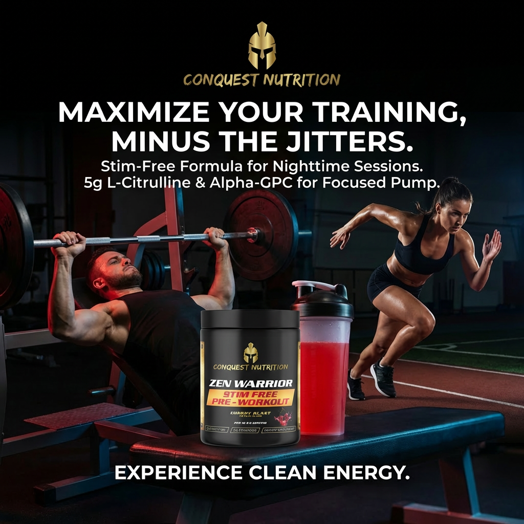 Advertisement for Conquest Nutrition supplement with gym scene and product display.