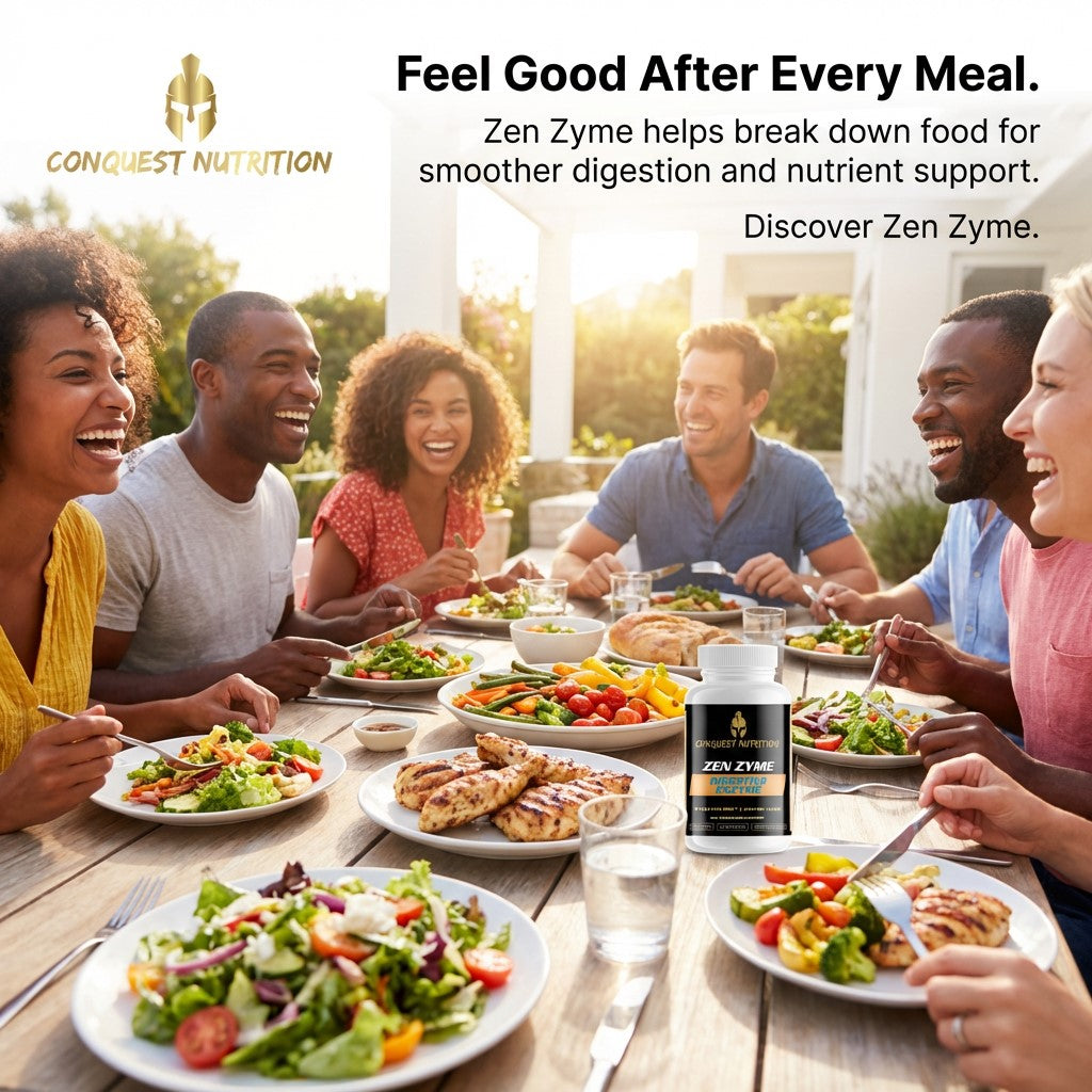 Group of people enjoying a meal outdoors with Conquest Nutrition Zen Zyme product displayed.