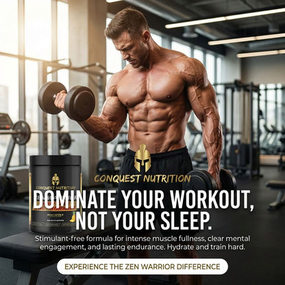 Muscular man lifting weights in a gym with Conquest Nutrition supplement container.