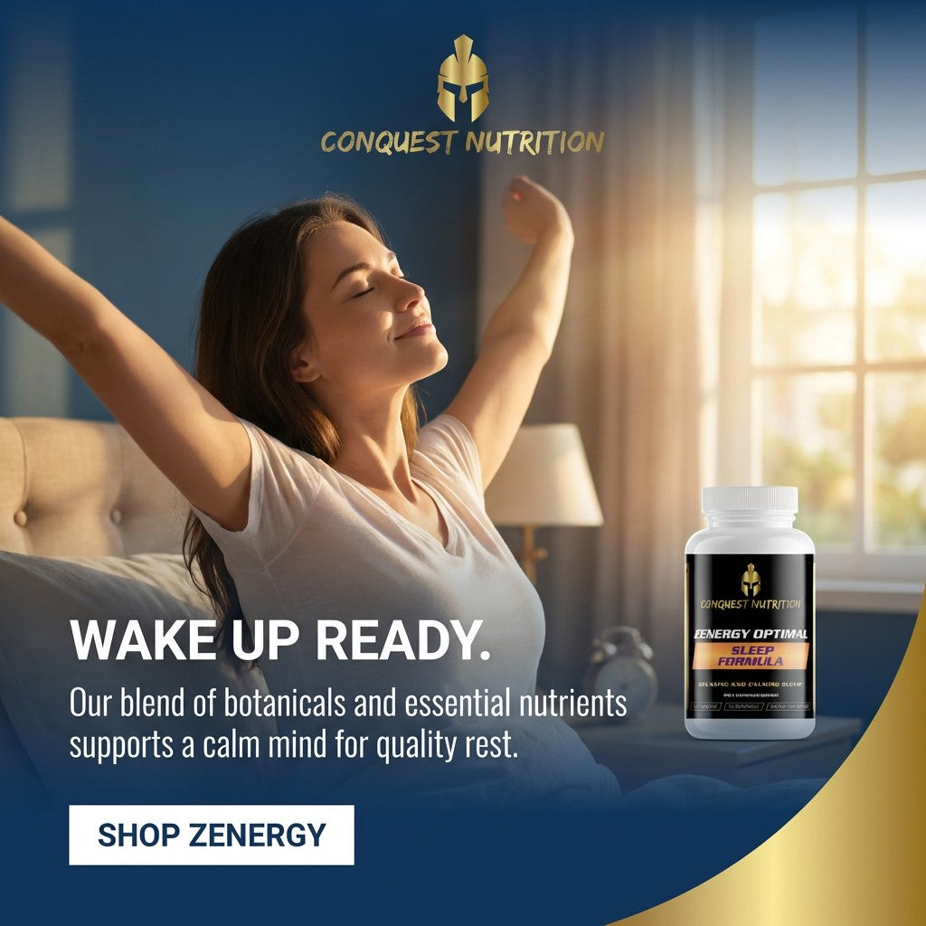 Woman waking up in a bright room with Conquest Nutrition supplement bottle.