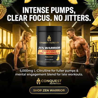Advertisement for Conquest Nutrition Zen Warrior pre-workout supplement with a gym setting and two muscular individuals.