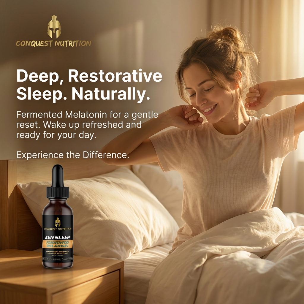 Woman waking up feeling refreshed with a bottle of Conquest Nutrition sleep supplement on a nightstand.