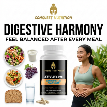 Conquest Nutrition Zen Zyme Digestive Enzyme supplement with a woman, food items, and text on a white background.