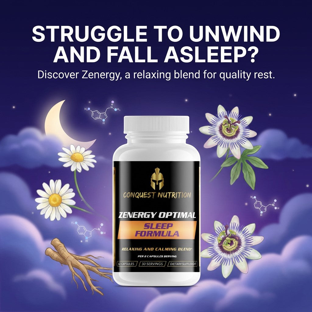 Bottle of Zenergy Optimal Sleep Formula by Conquest Nutrition with a night sky and flowers in the background.