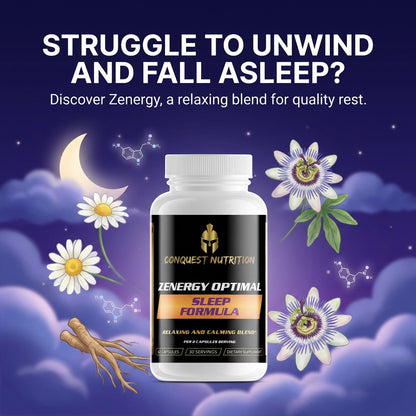 Bottle of Zenergy Optimal Sleep Formula by Conquest Nutrition with a night sky and flowers in the background.