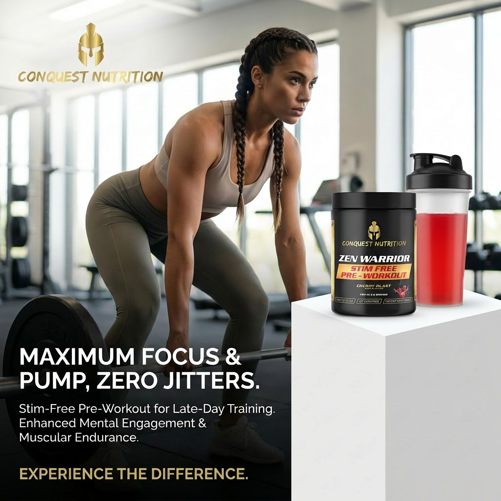 Woman in a gym setting with Conquest Nutrition pre-workout supplement and shaker bottle.