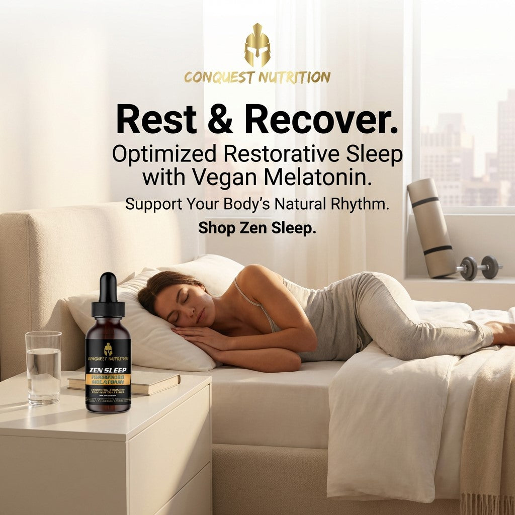 Woman lying on a bed with a bottle of Conquest Nutrition Zen Sleep supplement, surrounded by text about optimized restorative sleep.