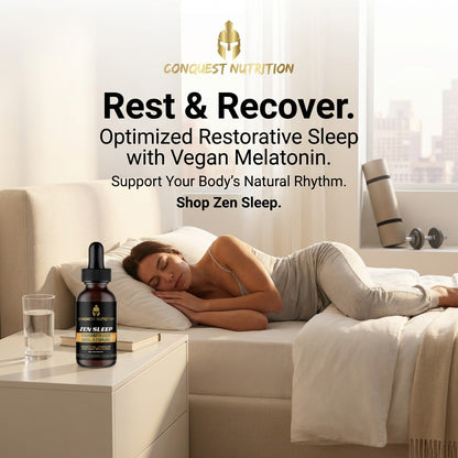 Woman lying on a bed with a bottle of Conquest Nutrition Zen Sleep supplement, surrounded by text about optimized restorative sleep.